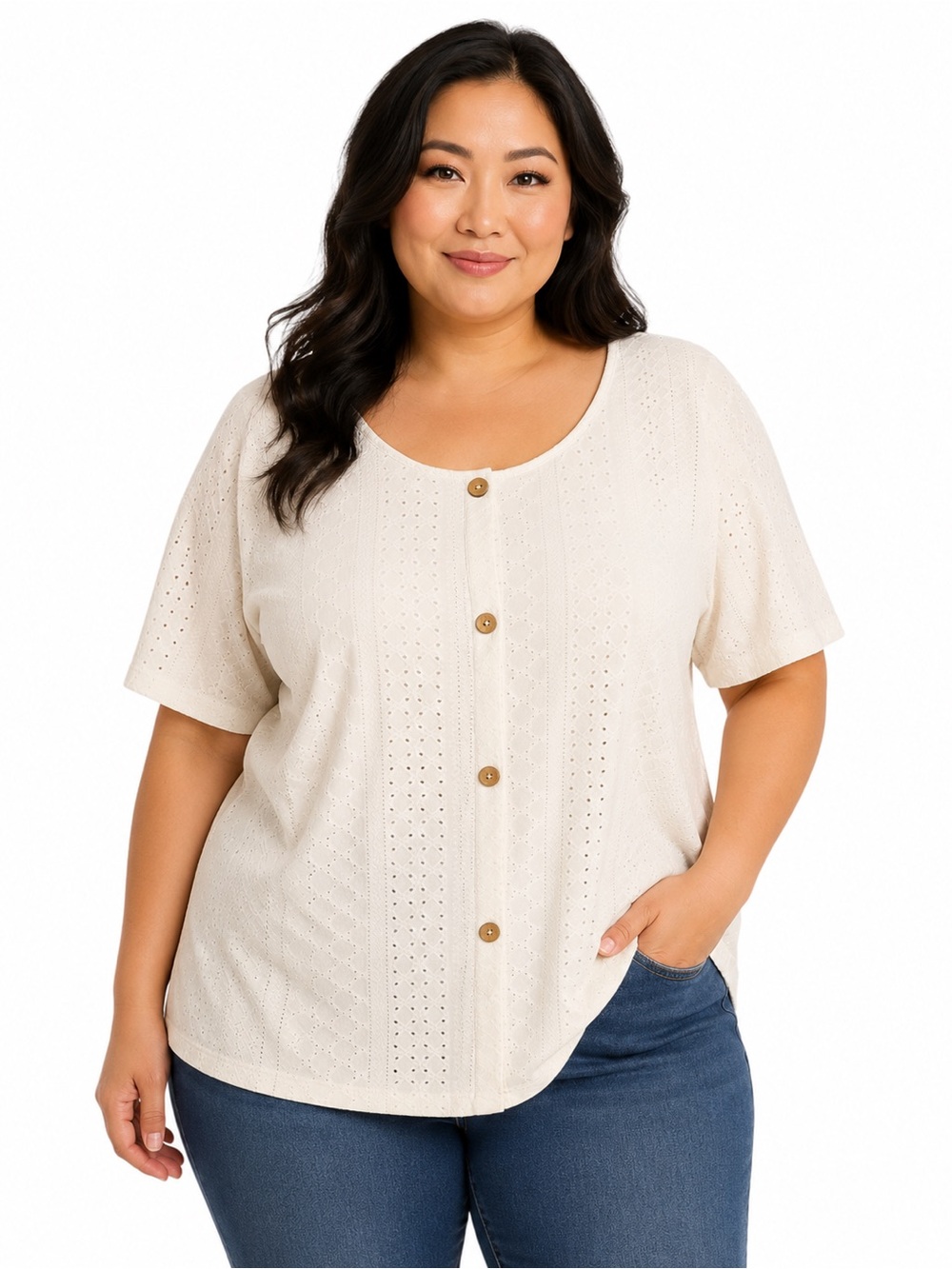 Women’s Plus Size 5XL White Eyelet Textured Button Front Top